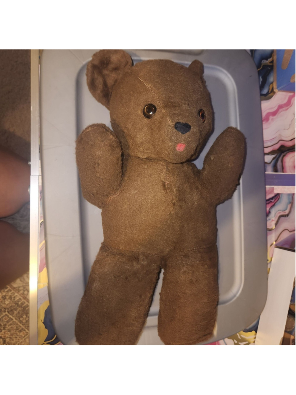Brown Mohair Teddy Bear Jointed Plush Stuffed Animal Red Felt Tongue